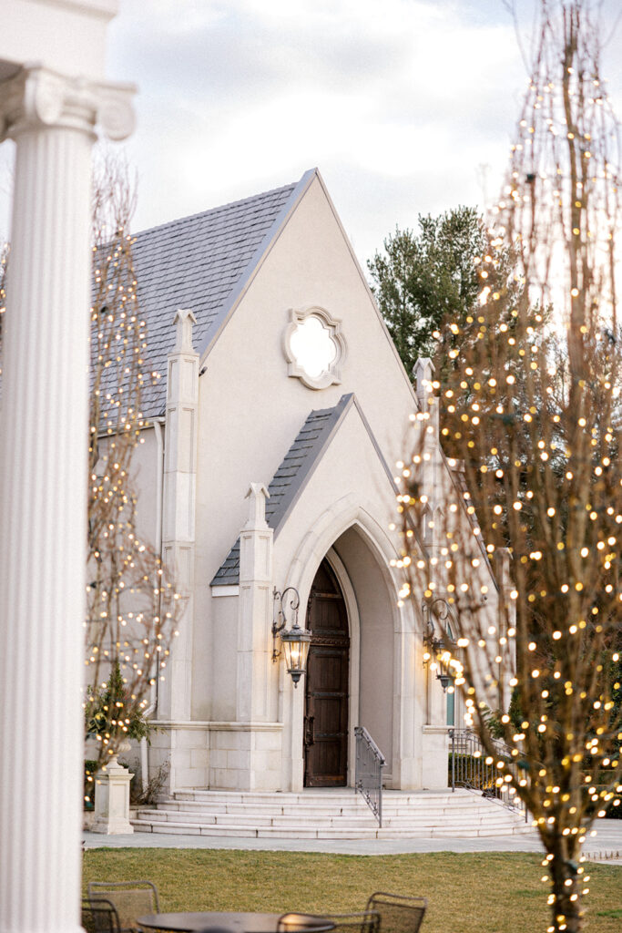 Exterior photo of the ceremony chapel at French style Park Chateau wedding venue in New Jersey | Photo by Lindsey Ford Photography
