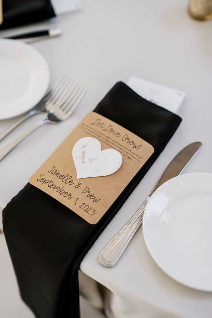 Sustainable seed paper wedding favor at black and white wedding at Appleford Estate