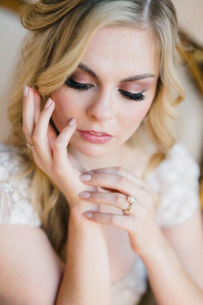 Close up of bride with plum eye makeup 