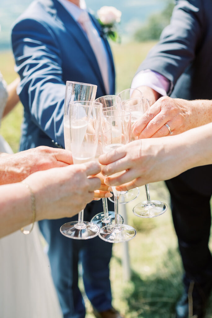 Close up photo of wedding guests clinking champagne glasses