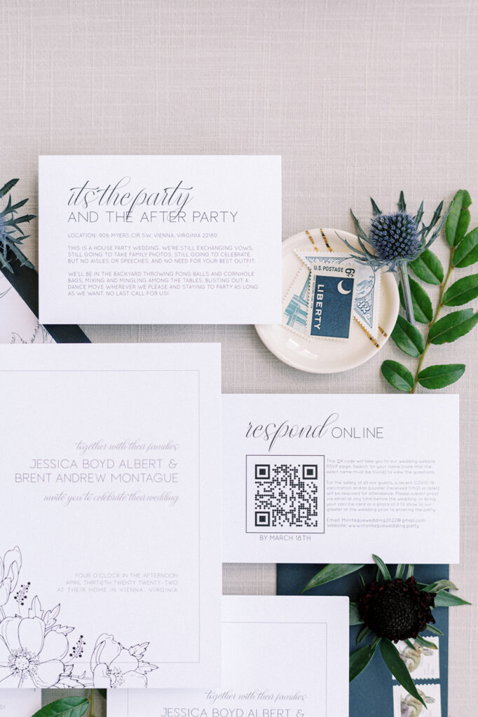 White and blue wedding invitation suite 