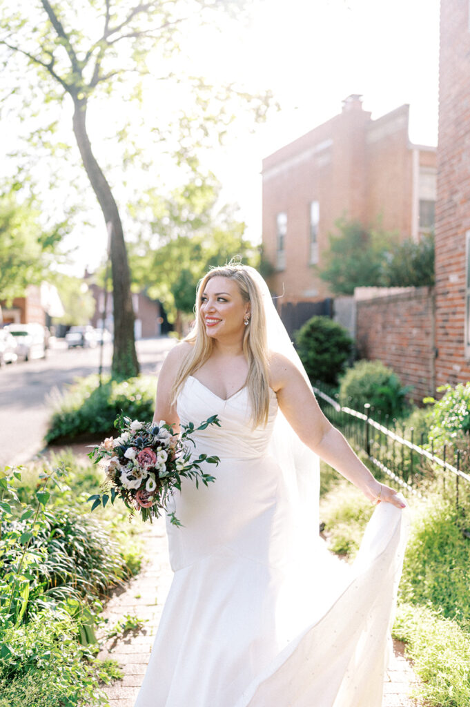 Bride walks through the streets of Washington DC for wedding elopement photos