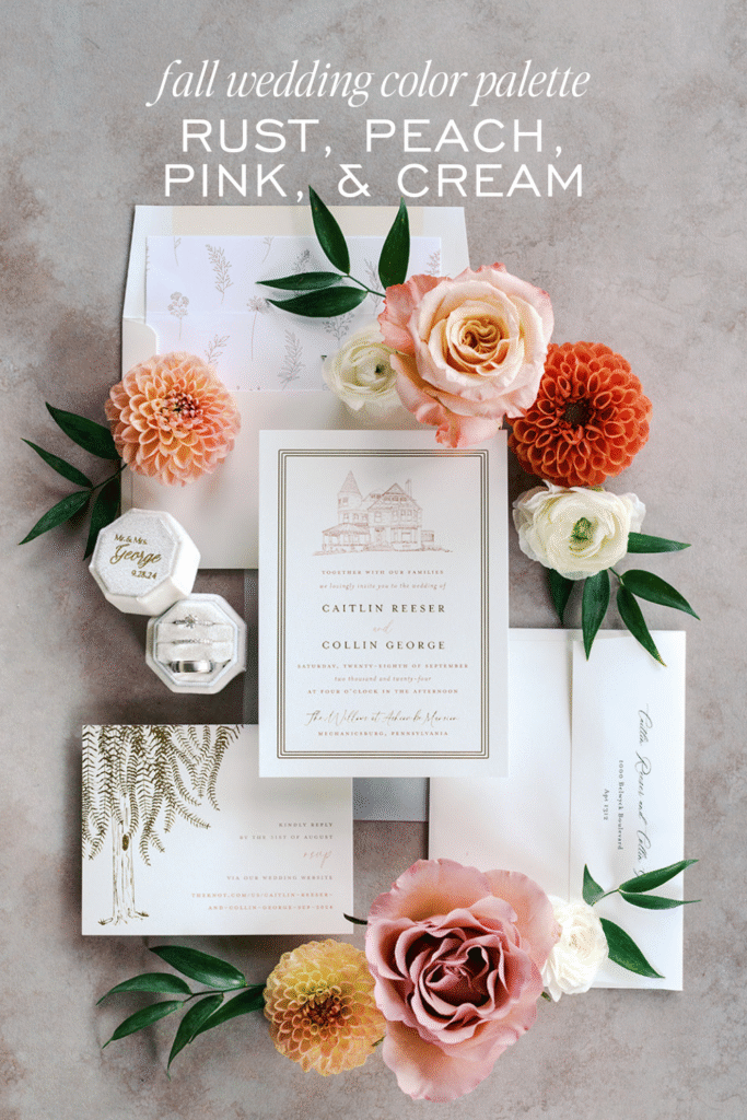 Rust peach pink and cream fall wedding invitation suite flat lay with dahlias and custom Ashcombe Mansion illustration