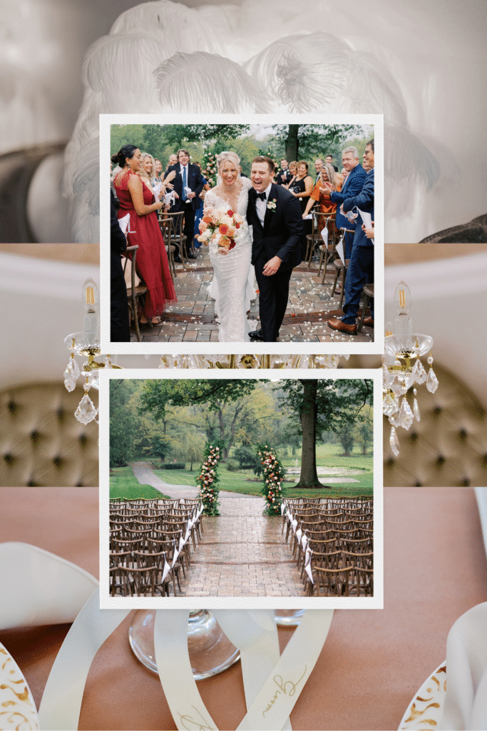Newlyweds walk down brick ceremony aisle with rose petal toss at outdoor fall wedding ceremony