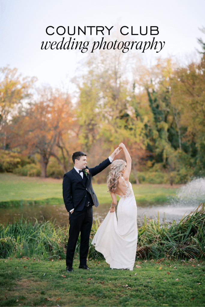 Groom twirls bride on Radnor Valley Country Club golf course in front of a pond with a fountain