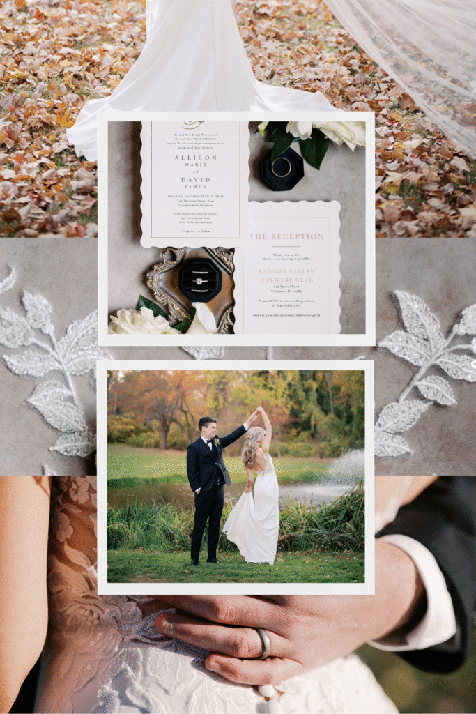 Collage of photos of wedding details from a fall October wedding at the Radnor Valley country club including fallen leaves, a classic black and white invitation suite, and golf course portraits of the bride and groom