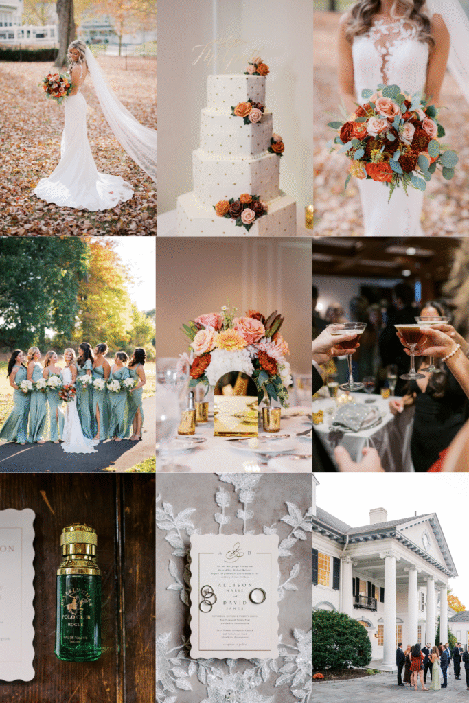 Collage of photos featuring fall wedding details from a late October wedding at the Radnor Valley Country Club including a fall themed bridal bouquet, espresso martinis, geometric wedding cake, and sage green bridesmaids dresses