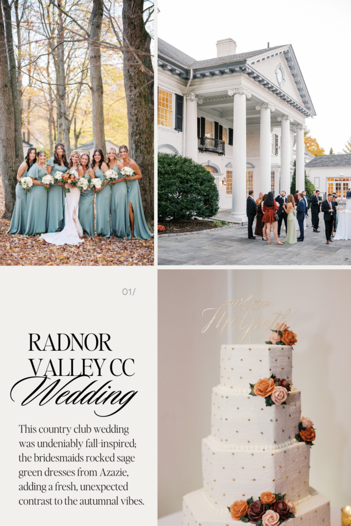 Collage of photos from a fall wedding at Radnor Valley Country Club in October with a classic white columned building, geometric wedding cake, and sage green bridesmaid dresses