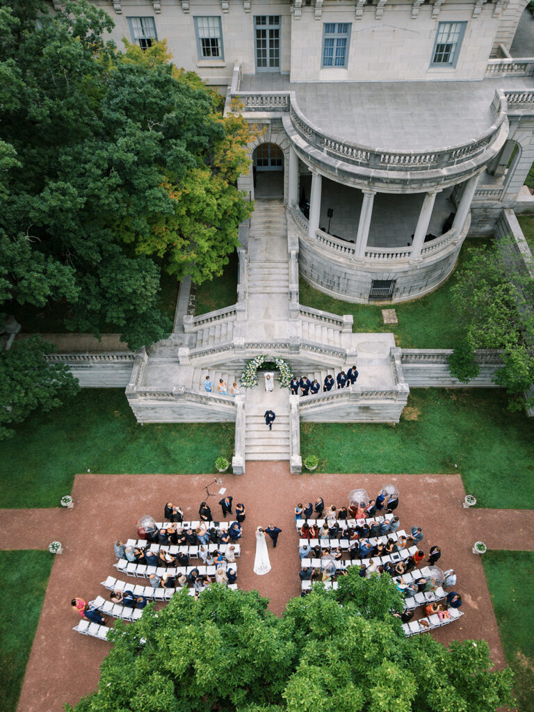 Overhead view of an outdoor wedding ceremony outside of Elkins Estate wedding and event venue