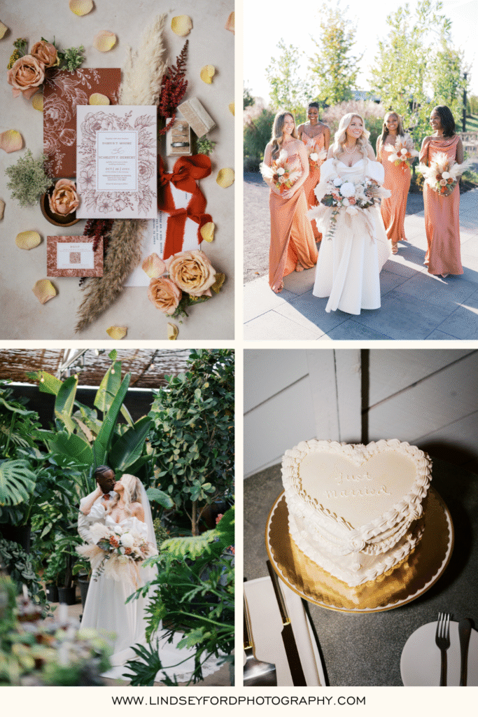 Bridesmaids in terracotta dresses walk with bride at Terrain Gardens Del Val outdoor fall wedding