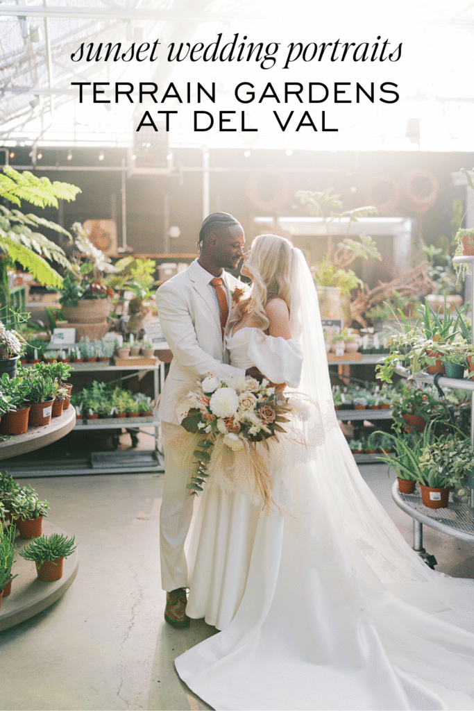 Romantic sunset wedding portraits at Terrain Gardens at Del Val greenhouse in Pennsylvania