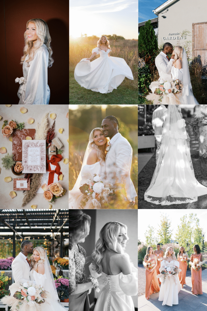 Pennsylvania fall wedding photo gallery showing bride, bridesmaids, and romantic sunset portraits at Terrain Gardens