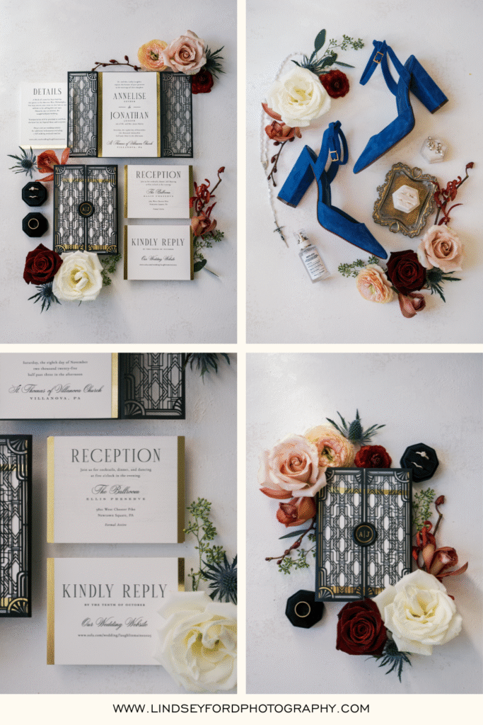 Collage of black and white wedding invitation suite for a Villanova Church wedding with fall accent colors of blush, burgundy, and blue