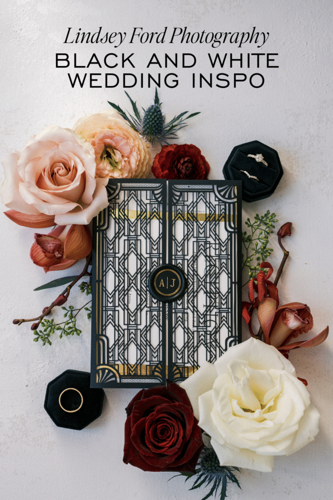 Detail flat lay photo of a black and white wedding invitation under the words Lindsey Ford Photography Black and White wedding inspo