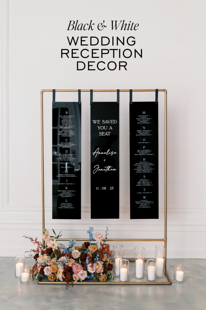 Detail photo of a modern black and white acrylic seating chart under the words black and white wedding reception decor