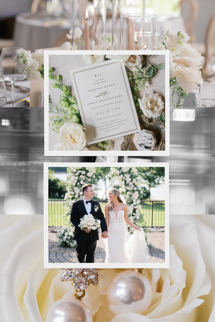 Lake House Inn wedding details collage including elegant invitation with white floral arrangements and couple portrait Pennsylvania