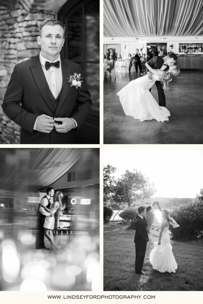 Creative black and white nontraditional wedding photography collage featuring groom portrait first dance and golden hour lakefront portraits at Pennsylvania venue