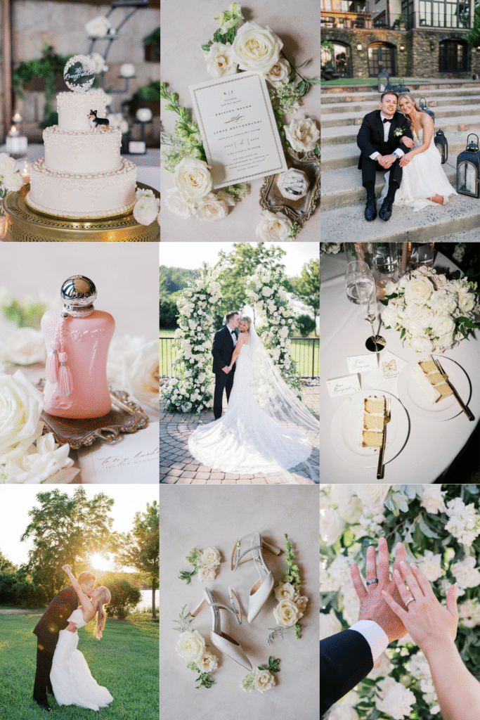 Romantic Lake House Inn wedding details grid including white wedding cake invitation suite couple staircase portrait and golden hour kiss photos