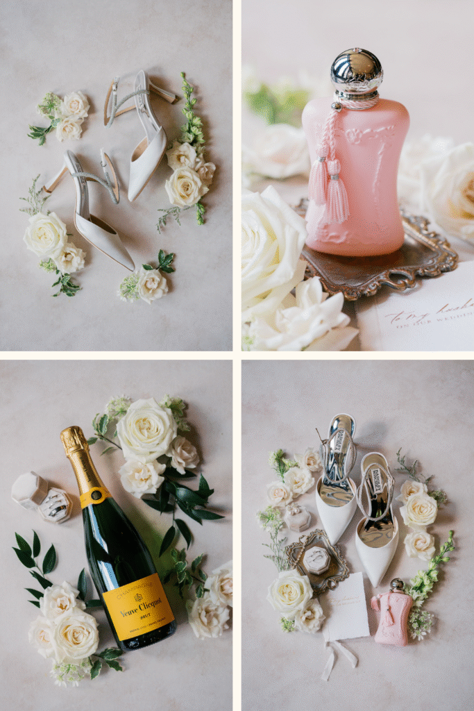 Wedding detail flatlay collage featuring white Badgley Mischka heels pink perfume bottle Veuve Clicquot champagne and white rose arrangements