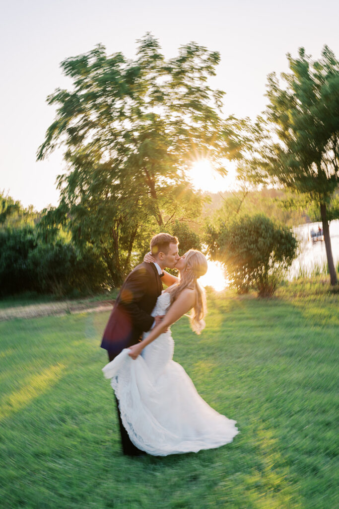 Creative motion blur spin kiss nontraditional wedding photography Lake House Inn lakefront golden hour Pennsylvania
