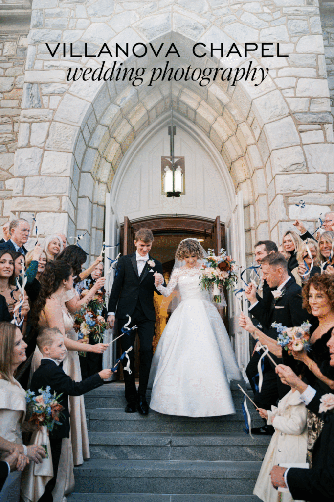 Graphic featuring bride and groom walking down the steps in front of Villanova church with the words Villanova Church wedding photography