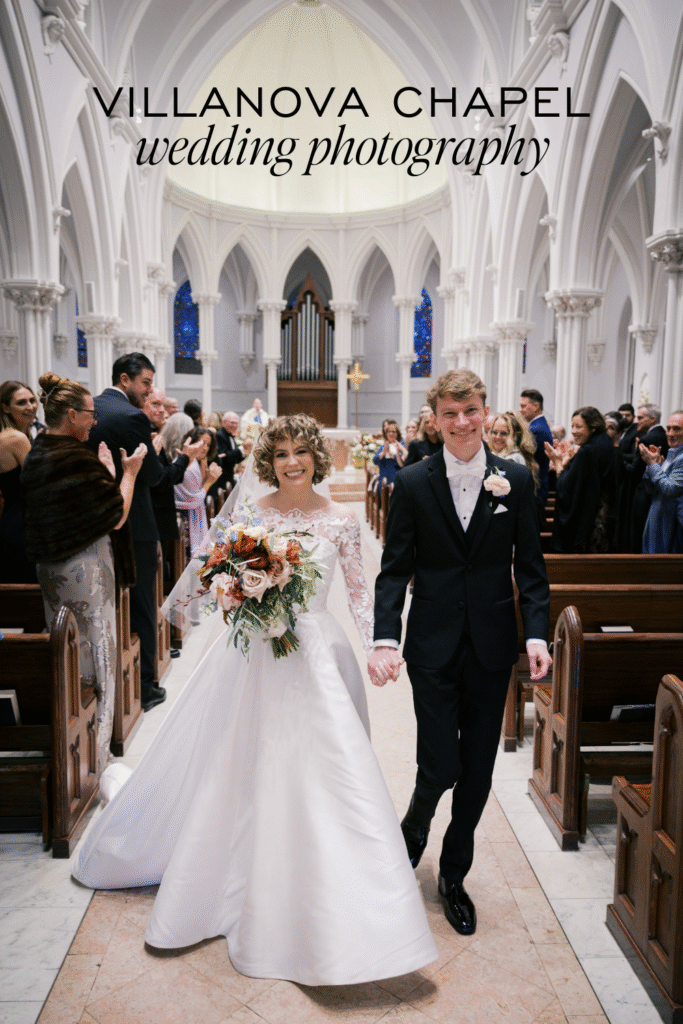 Graphic featuring bride and groom walking down the aisle of their Villanova church wedding with the words Villanova Church wedding photography