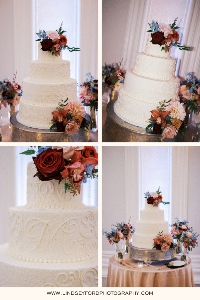 Collage of photos featuring a four tiered white wedding cake with intricate piping details  topped with a small arrangement of burgundy, blush, and blue fall florals