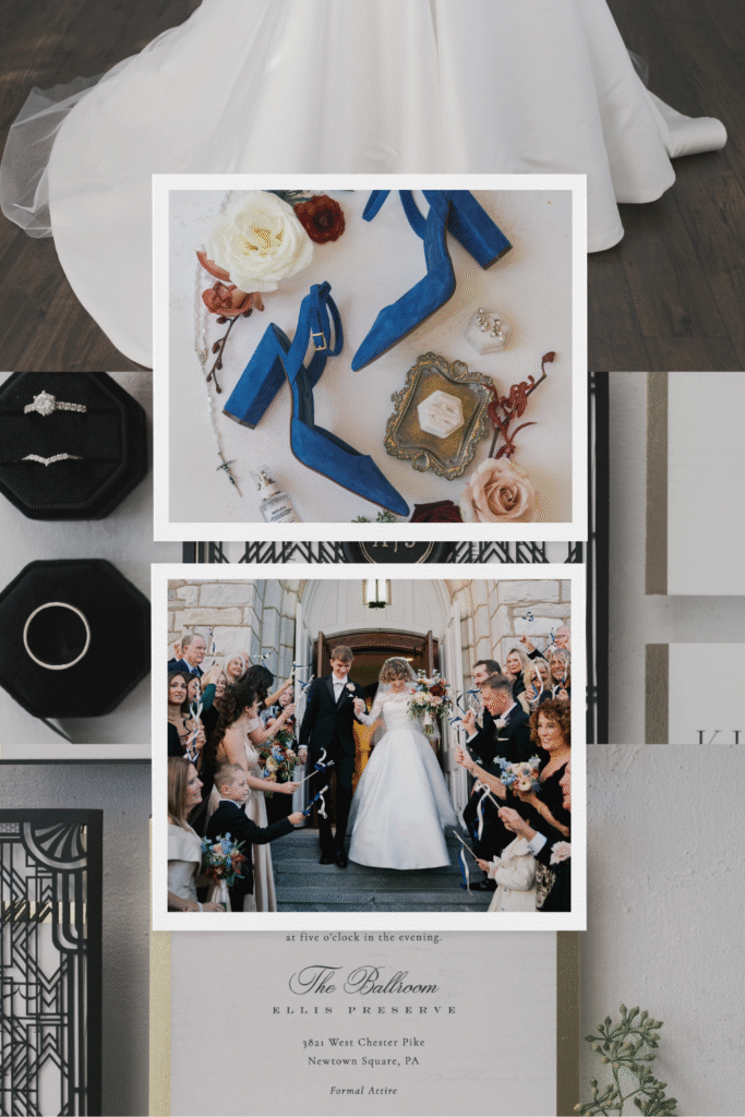 Collage of detail photos highlighting a black and white and fall themed wedding at St Thomas of Villanova Church 
