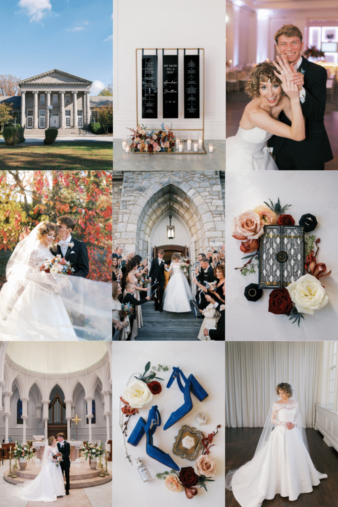 Collage of images of a Villanova Church wedding with black and white and fall floral accent colors