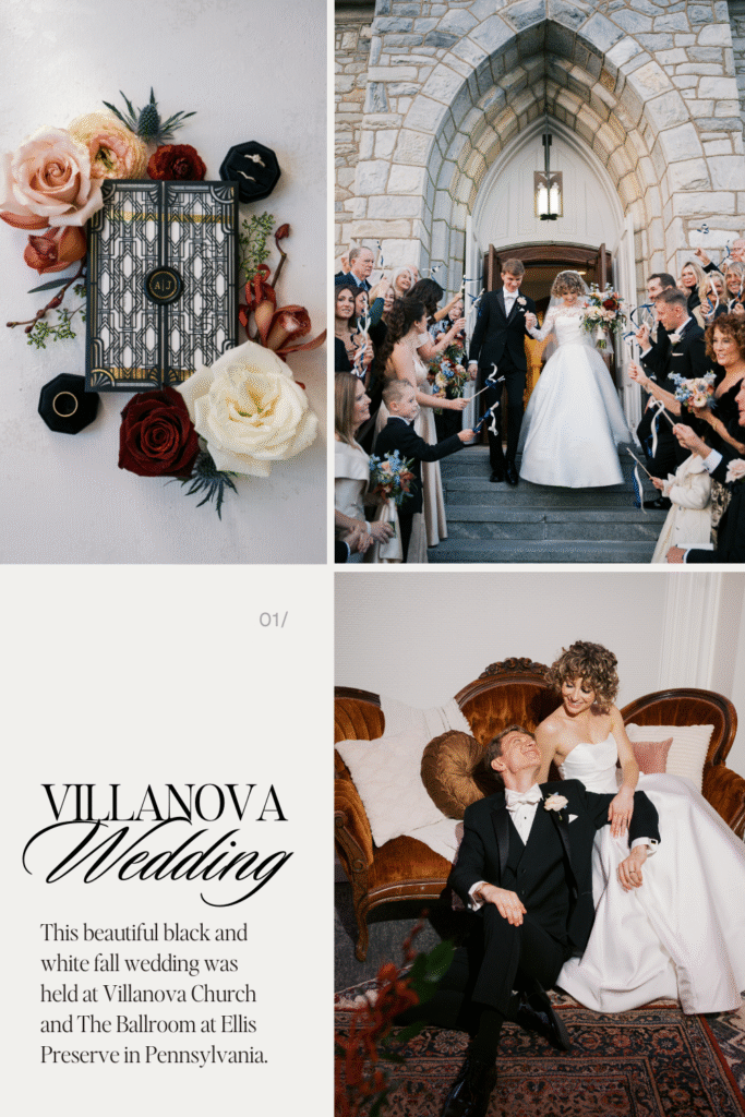 Collage of photos featuring fall wedding color palette inspiration and details with black and white and burgundy and blush flowers plus the bride and groom at their Villanova church wedding