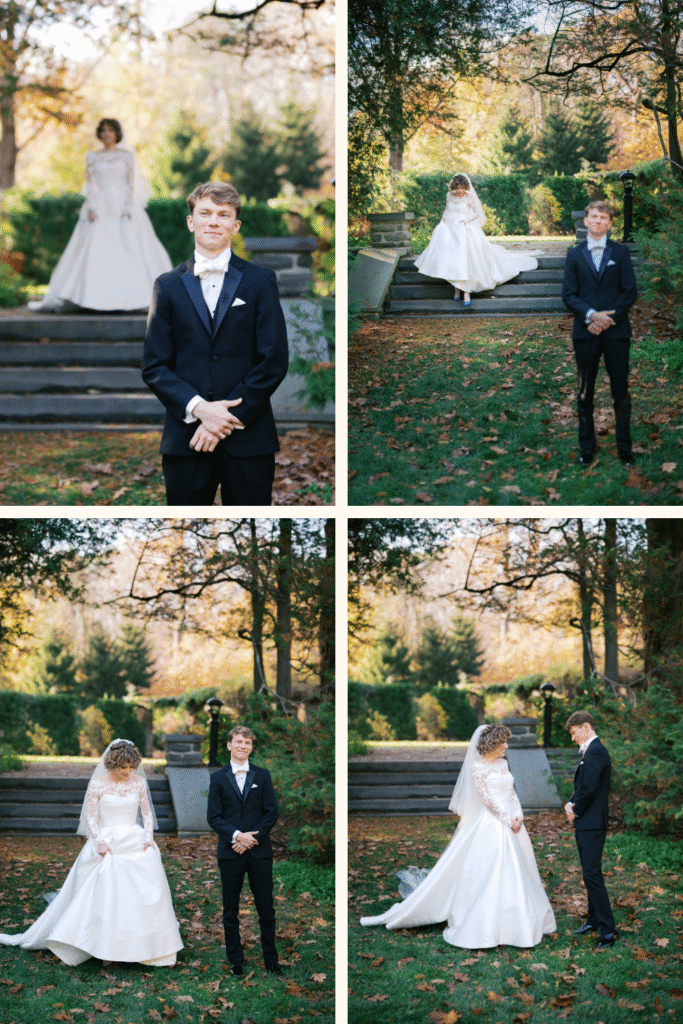 Collage of first look photos as bride and groom see each other for the first time at Stoneleigh Gardens in Villanova PA