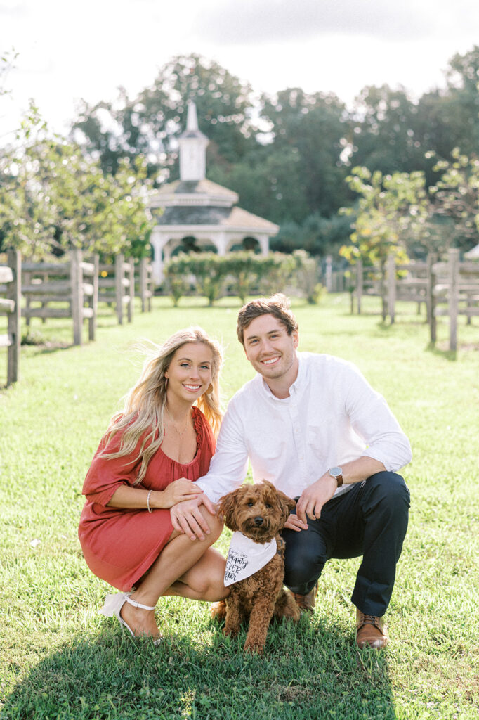 Couple squats down to pose with their miniature Goldendoodle in a grassy field during their engagement photoshoot